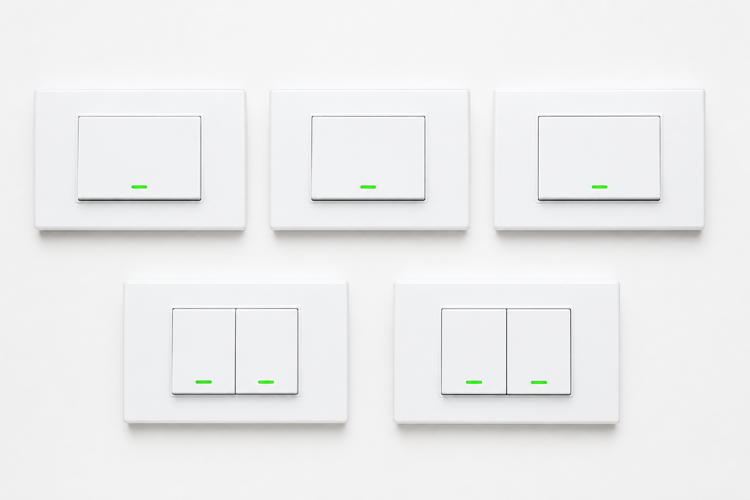 ภาพตัวอย่าง smart switch สีขาว 5 ชิ้น แบบ 1-gang และ 2-gang สำหรับบ้านสั่งได้
